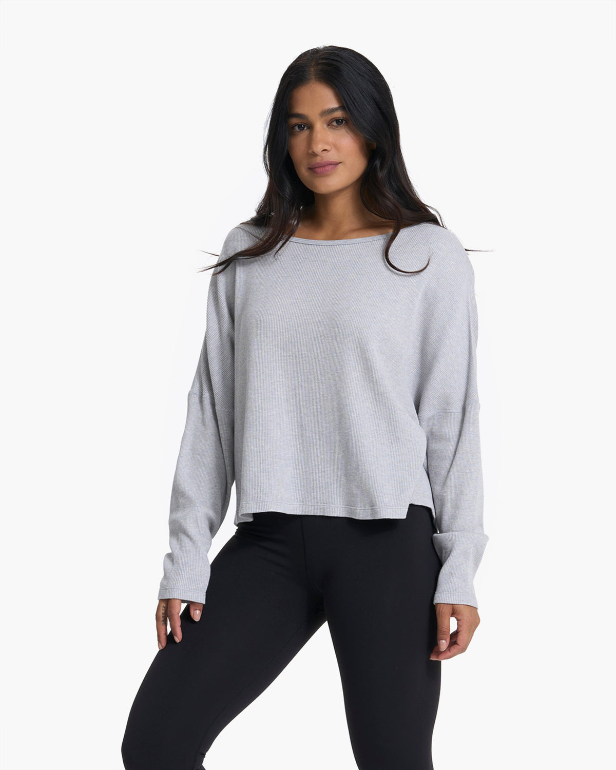 Slouchy Waffle Crew | Light Heather Grey