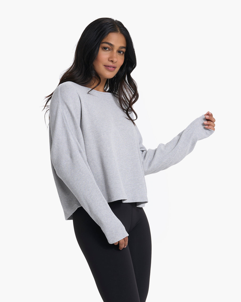 Slouchy Waffle Crew | Light Heather Grey
