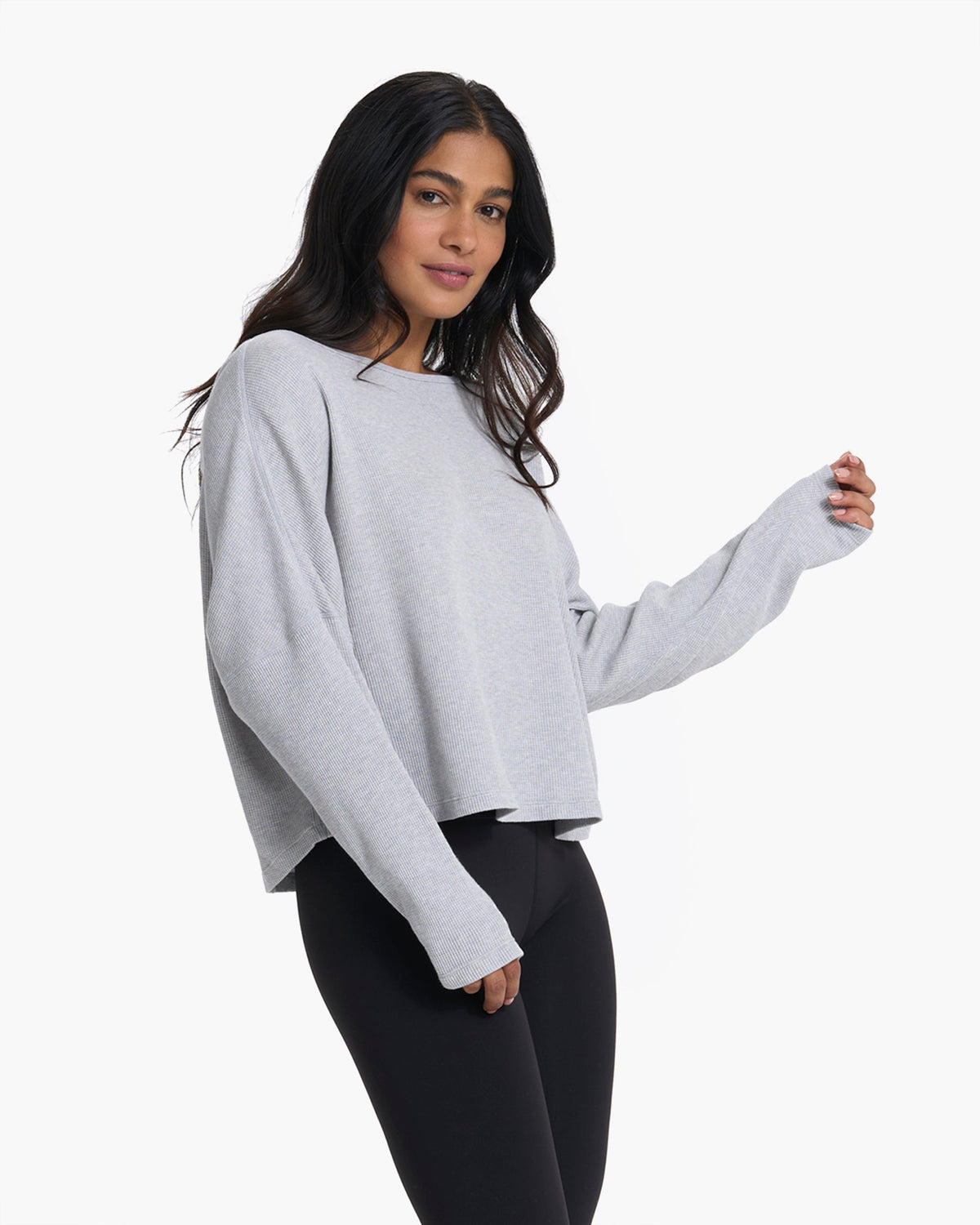 Slouchy Waffle Crew | Light Heather Grey