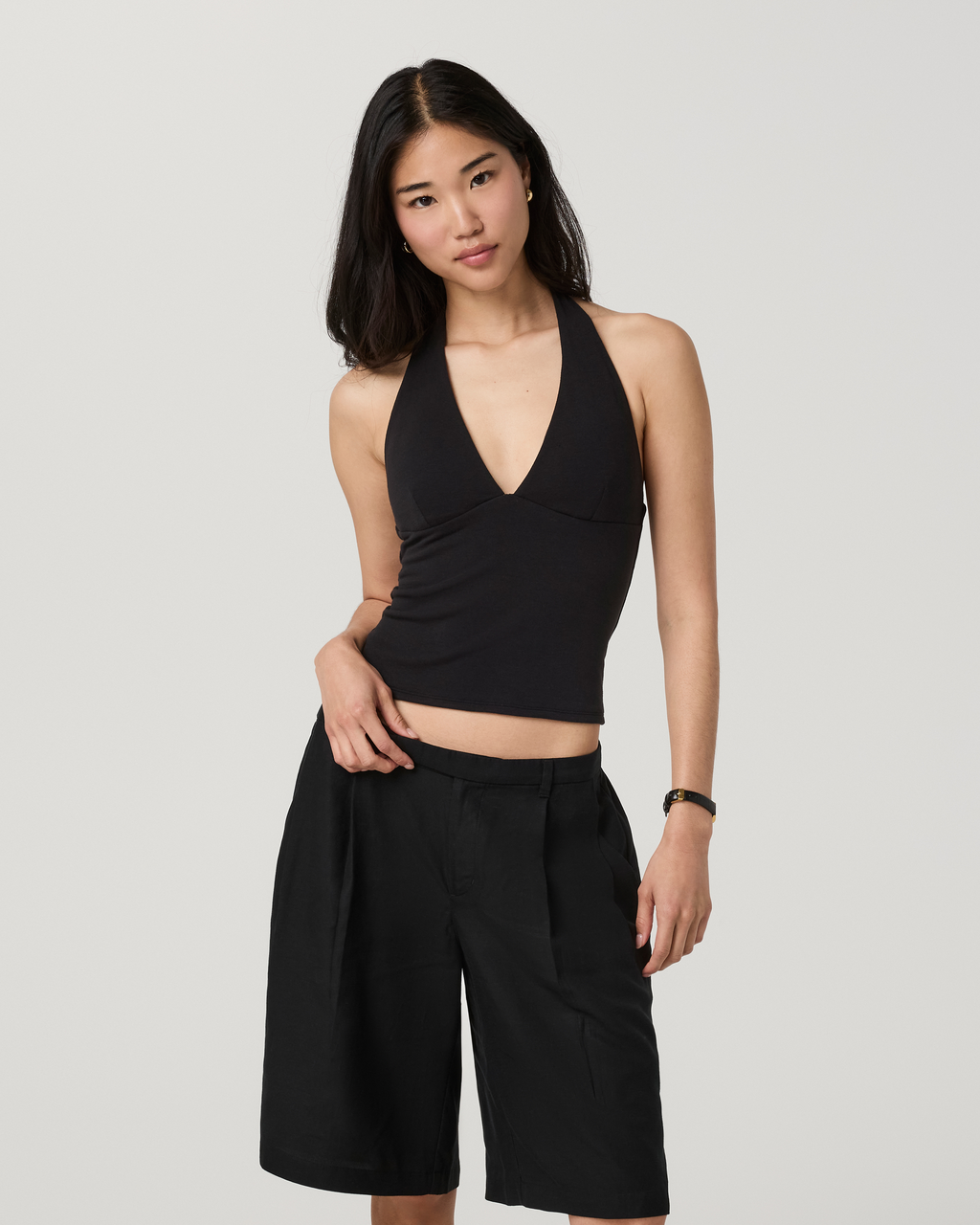 Everyday Cotton Stretch Plunge Halter | Black