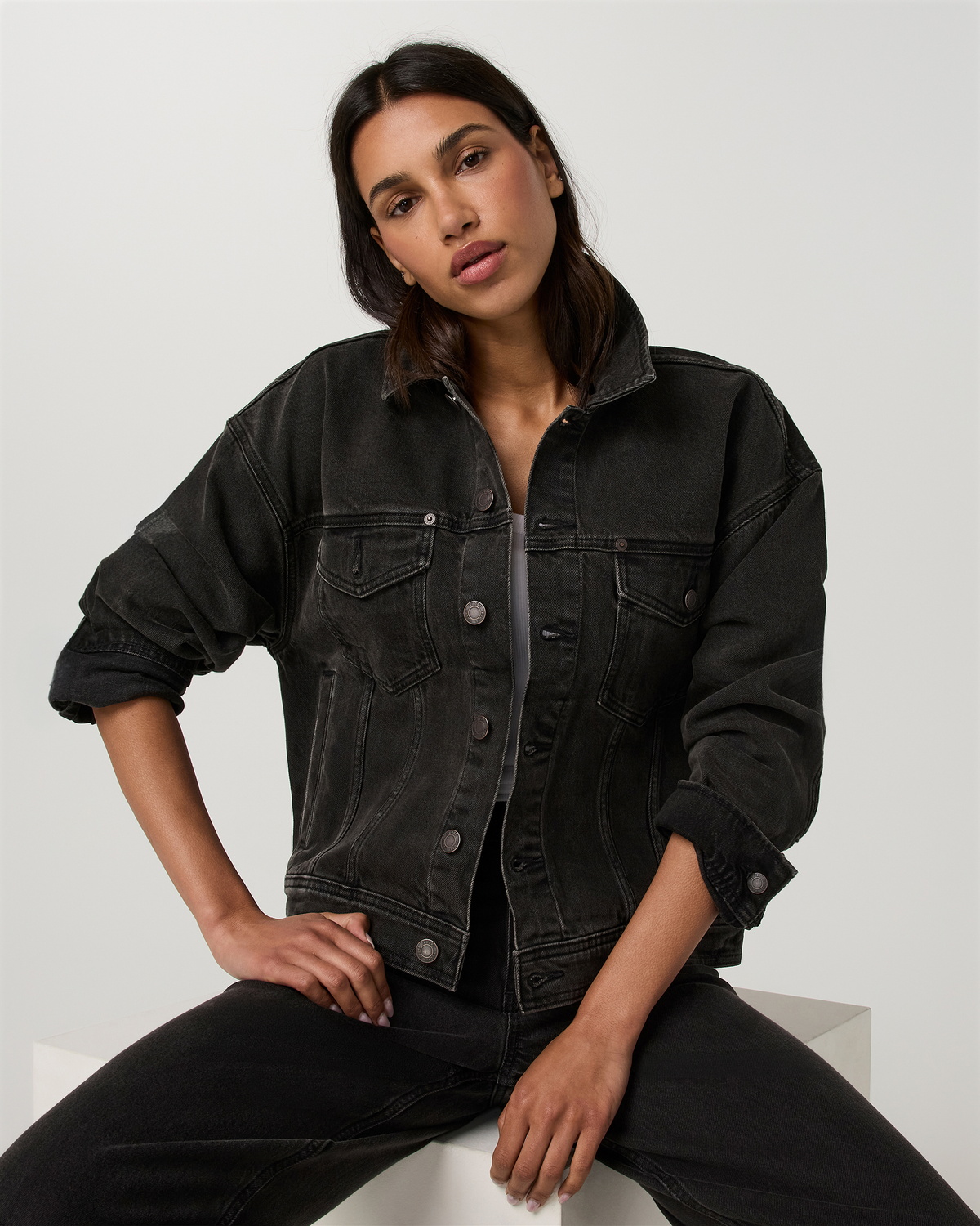 Womens Vuori Vintage Oversized Denim Jacket | Black Wash Denim